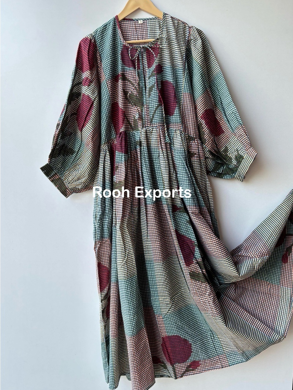 Midi Dress with Check and Floral Print